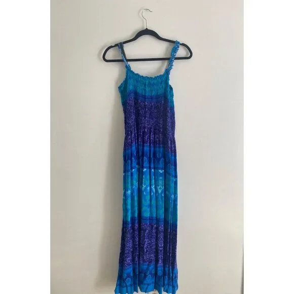 Vintage Karin Stevens Women’s Blue & Teal Smocked Maxi Dress Size 12 Sleeveless - Picture 2 of 5